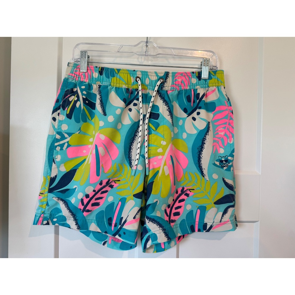 Party Pants Mens Tropical Monstera Leaf Swim Trunks Neon Mint Pink Small